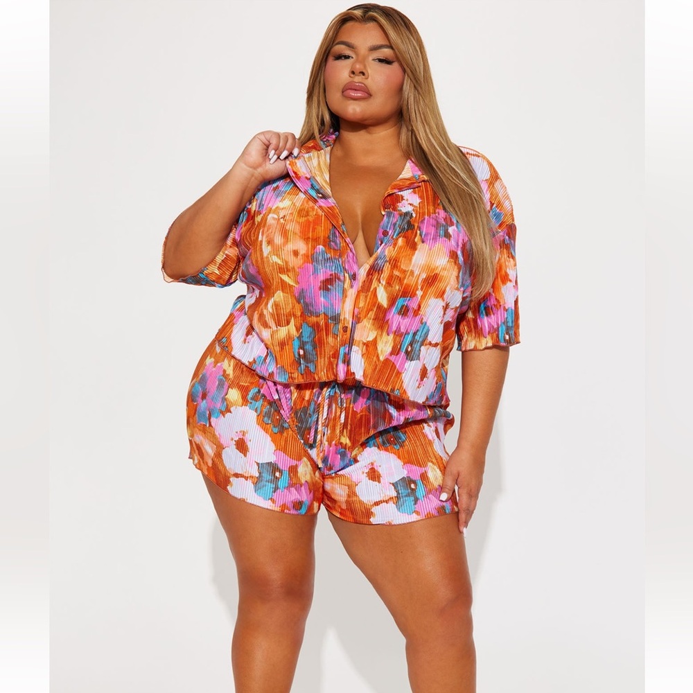 Fashion Nova Curve Cora Plisse Short Set Orange/Combo